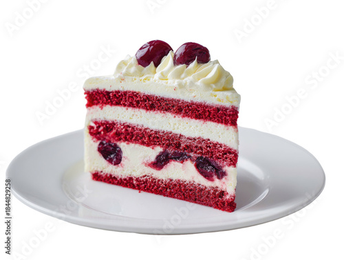 Slice of red cake with white frosting and cherries on a white plate
