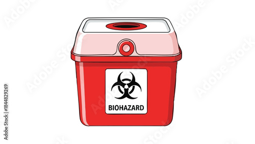 Red biohazard sharps container for medical waste disposal  