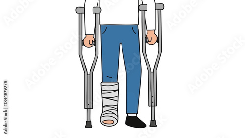 Person on crutches with a broken leg in a cast, concept of Medicine  