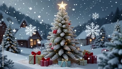 Magical snow-covered Christmas tree with gifts representing a festive holiday in a cozy, snowy village