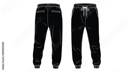 Black sweatpants fashion sketch front and back views of casual drawstring athletic wear