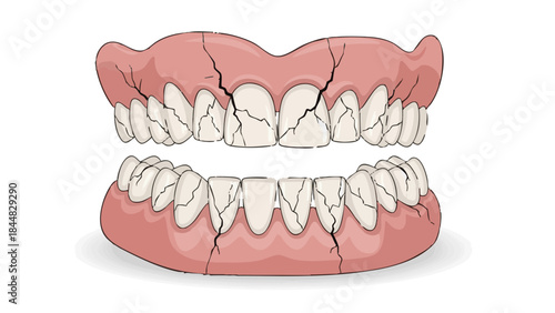 Cracked dentures in closeup view illustrating dental health issues  