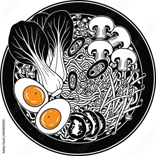 A detailed bowl of ramen with vegetables and eggs on transparent background silhouette