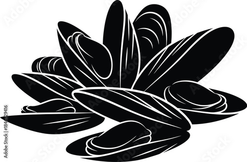 A striking black mussel shell arrangement on transparent background silhouette