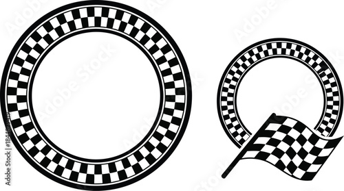 Racing elements with checkered flag and circular frames on transparent background silhouette