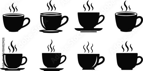 Collection of black coffee cups with steam various angles on transparent background silhouette