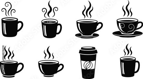 Various black coffee cup designs with steam rising on transparent background silhouette