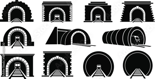 Various tunnel entrances and structures in black perfect for design on transparent background silhouette