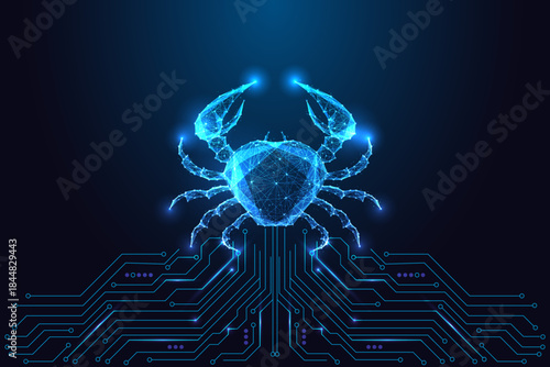 Glowing digital crab on circuit board, futuristic Cancer zodiac symbol vector illustration