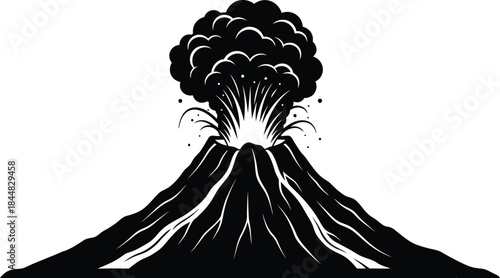 Dramatic volcano eruption with smoke and ash black silhouette on transparent background