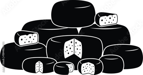 A pile of various cheese blocks in black silhouette on transparent background