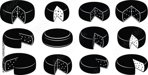 Black cheese slices and whole wheels a versatile graphic on transparent background silhouette