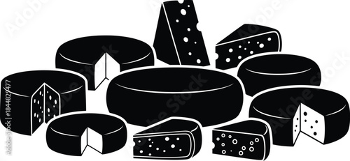 Various types of cheese in a black silhouette on transparent background