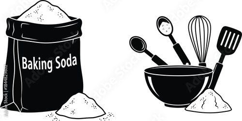 Baking soda bag with utensils in silhouette on transparent background