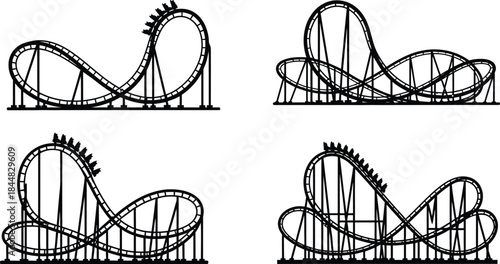 Four roller coaster designs in black and white on transparent background silhouette