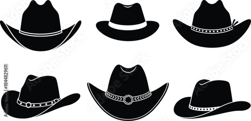 Collection of black cowboy hats in various styles on transparent background silhouette