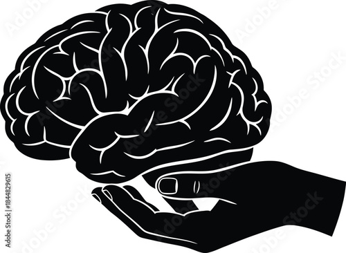 A hand gently cradling a human brain a striking silhouette on transparent background