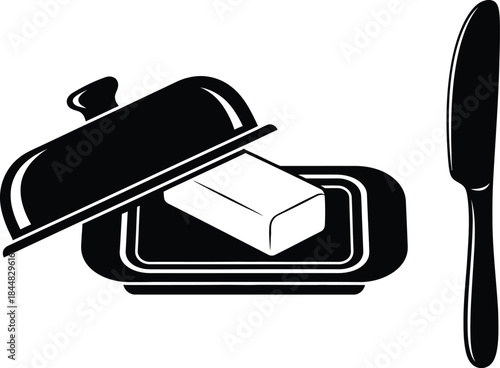 Elegant butter dish and knife silhouette on transparent background