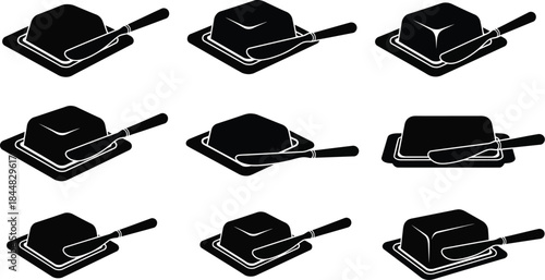 Black butter dish with knife variations on transparent background silhouette