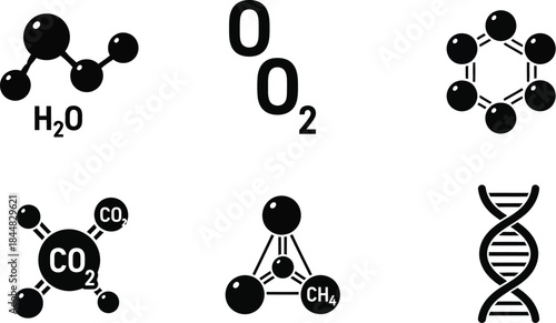 Molecular structures of water oxygen carbon dioxide and dna silhouette on transparent background