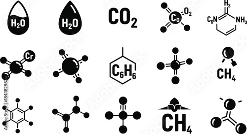Black chemical molecule icons with formulas ideal for science projects on transparent background silhouette