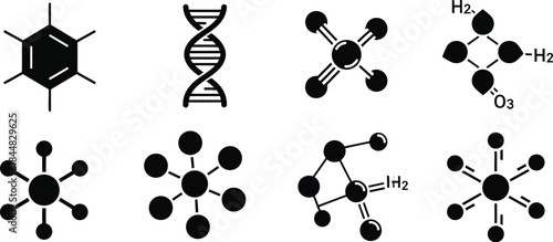 Molecular structures and chemical formulas illustrated in black silhouette on transparent background