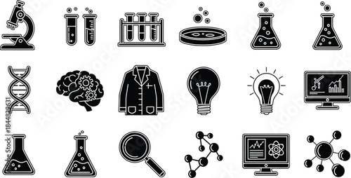 Science and research icons collection with laboratory equipment on transparent background silhouette