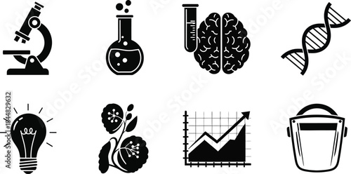 Science and research icons set including biology and innovation silhouette on transparent background