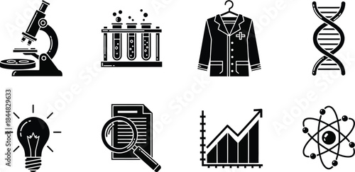 Science and research icons collection with various symbols on transparent background silhouette