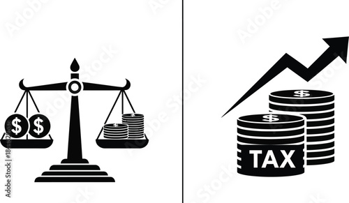 Scales of justice and rising graph with coins tax on transparent background silhouette