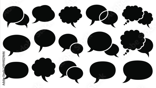 Collection of various black speech bubbles and thought clouds isolated on a white background