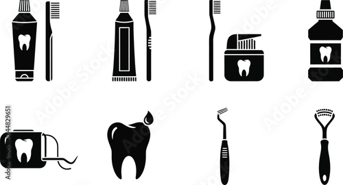 Dental care products and tooth illustration in black silhouette on transparent background