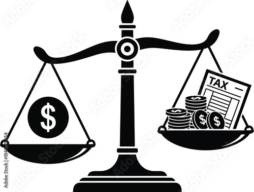 Scales of justice with money and tax documents on transparent background silhouette