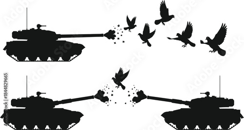 Tanks with flying birds illustration a symbolic image on transparent background silhouette