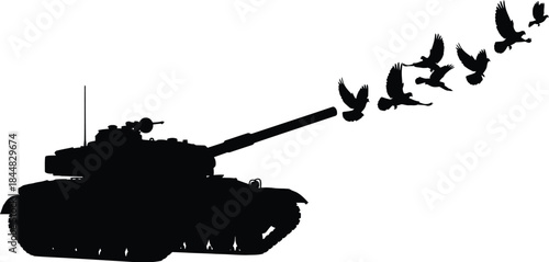 Tank with flying birds a powerful and symbolic image on transparent background silhouette