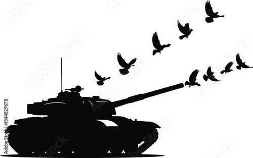 A tank with birds flying overhead striking imagery on transparent background silhouette