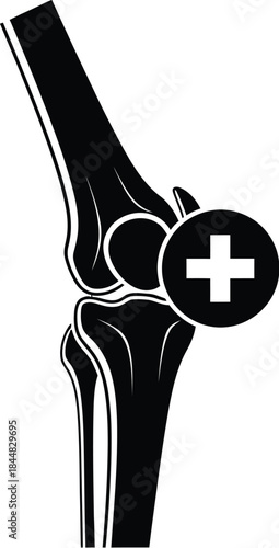 Black knee joint with medical cross symbol on transparent background silhouette