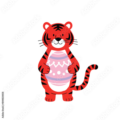 Cute red and black striped cartoon tiger holding a patterned Easter egg, standing cheerfully for the spring holiday celebration.