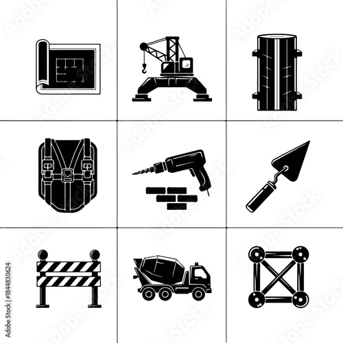 Heavy Machinery and Construction Equipment Icon Set