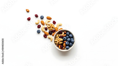 Healthy trail mix with nuts, dried berries, and blueberries isolated on white background