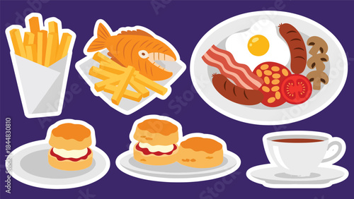 Kawaii British food sticker collection with fish and chips, English breakfast, scones, and tea cup icons in flat vector style, perfect for café visuals, ideal for UK cuisine content