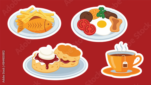 Kawaii British food sticker collection with fish and chips, English breakfast, scones, and tea cup icons in flat vector style, perfect for café visuals, ideal for UK cuisine content