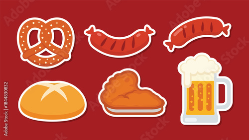 Kawaii German food sticker set featuring pretzels, sausages, schnitzel, and beer mugs in modern flat vector style, perfect for festival visuals, ideal for German cuisine themes