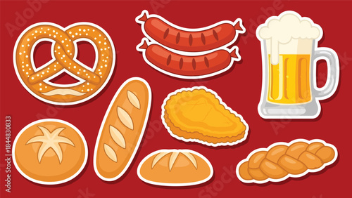 Kawaii German food sticker set featuring pretzels, sausages, schnitzel, and beer mugs in modern flat vector style, perfect for festival visuals, ideal for German cuisine themes