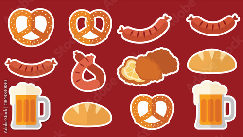 Kawaii German food sticker set featuring pretzels, sausages, schnitzel, and beer mugs in modern flat vector style, perfect for festival visuals, ideal for German cuisine themes