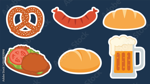 Kawaii German food sticker set featuring pretzels, sausages, schnitzel, and beer mugs in modern flat vector style, perfect for festival visuals, ideal for German cuisine themes