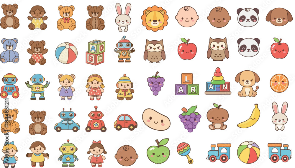 Obraz premium Adorable Cartoon Collection of Baby, Animals, Fruits, and Toys