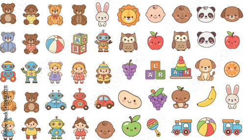 Adorable Cartoon Collection of Baby, Animals, Fruits, and Toys