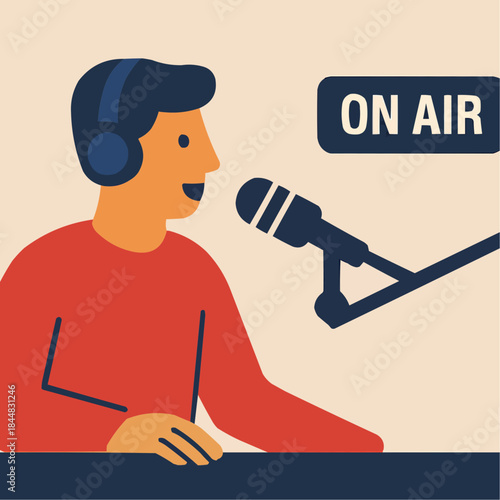 Radio Host Broadcasting in Studio Flat Illustration  
