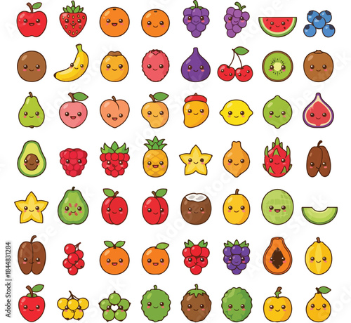 Kawaii Fruit Collection: Cute Cartoon Characters of Various Fruits